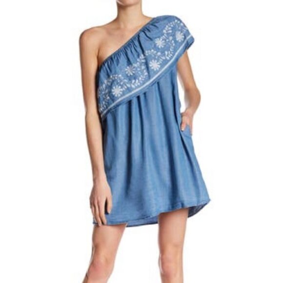 Rebecca Minkoff Rita Embroidered Chambray One Shoulder Shift Mini Dress Size XS - Picture 16 of 17